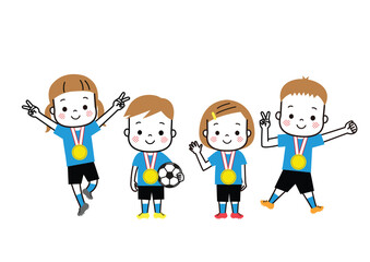 サッカーチーム　金メダルをもらって大喜びしている子どもたち