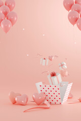 Romantic valentine decorations on pink background with cute gift boxes with flying and pastel pink balloons. Trendy 3d render background for social media banners or promotion.