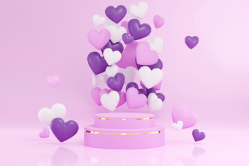 3D background for beauty products or goods display on podium with platform. 3d rendering geometric shape. Birthday concept with heart shape balloons in purple