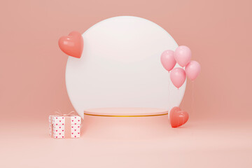 Pink podium with golden line and minimal abstract background with pink balloons, lovely hearts and gift box for cosmetic product presentation. 3D rendering