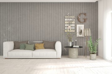 Dark living room with sofa. Scandinavian interior design. 3D illustration