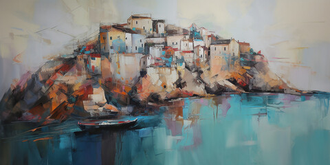 an abstract watercolor of a seaside Italian village