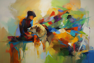 abstract watercolor of a boy and his dog