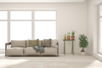 White living room with sofa. Scandinavian interior design. 3D illustration