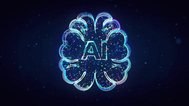 Blue Sweet Shiny Ai Artificial Intelligence Text In Brain Symbol 3d Lines Effect With Square Dots Particles Motion Reveal On Dark Blue Glitter Dust Background, 5-15 Sec Seamless Loop