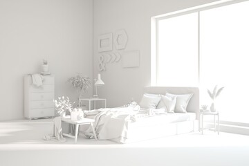 Grey lbedroom concept. Scandinavian interior design. 3D illustration