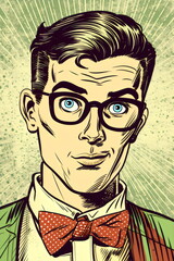 dapper man wearing glasses and bowtie in vintage comic book style illustration, made with generative ai