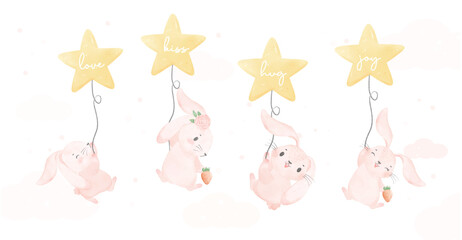 Fototapeta premium Adorable whimsical happy baby pink bunny rabbit flying with star shape balloon nursery children watercolour hand painting banner