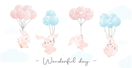 Adorable whimsical happy baby pink bunny rabbit flying with balloons nursery children watercolour hand painting banner