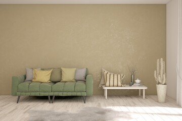 Minimalist living room with sofa. Scandinavian interior design. 3D illustration