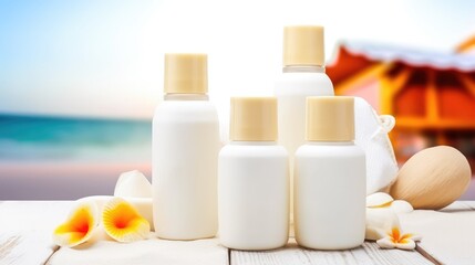 Obraz na płótnie Canvas Sunscreen cream bottles and tubes on a vacation background. Generative AI