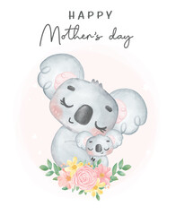 Adorable  Koala mother and baby sleeping and hugging with flower wreath, Happy mother's day whimsical nursery watercolour animal cartoon hand painting