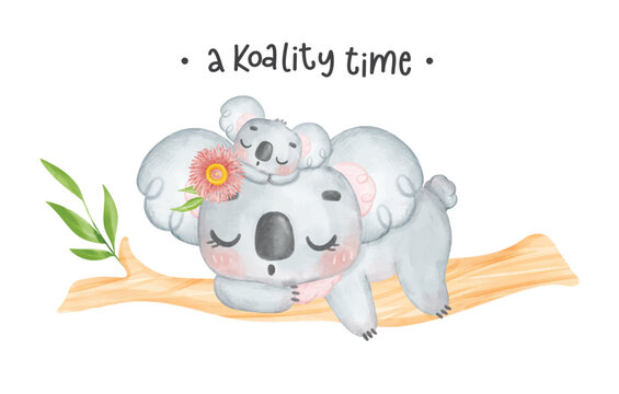 Adorable Koala mother and baby sleeping on tree branch, Happy mother's day whimsical nursery watercolour animal cartoon hand painting