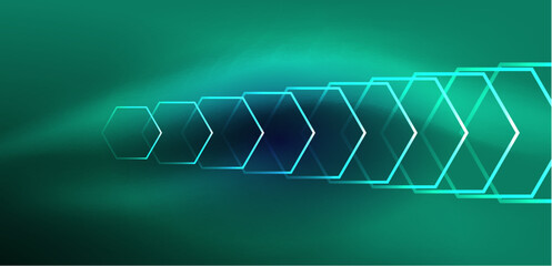 Obraz premium Hexagon abstract background. Techno glowing neon hexagon shapes vector illustration for wallpaper, banner, background, landing page, wall art, invitation, prints, posters