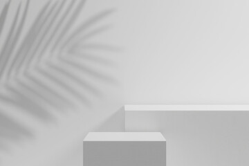 Abstract white 3D room with realistic white rectangle podium with empty space. Tropical leaf shadow in the left side. Stage showcase on minimal pedestal display