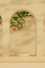 Vector 3D realistic empty round podium on beige background, decorated with flowers and green leaves. Empty pedestal for cosmetic products, goods presentation.