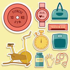 Set of Workout Fitness and Gym Equipment Cute Sticker Illustration