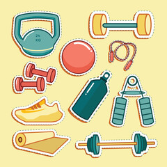 Set of Workout Fitness and Gym Equipment Cute Sticker Illustration