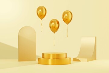 Abstract minimal scene with 3D rendering geometric shape golden podium on light background, golden balloons and geometric objects displayed. Stage for showcase