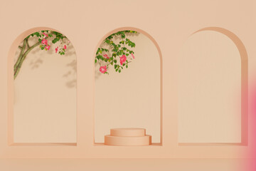 Abstract minimal nature scene - empty stage and circle podium on beige background. A tree with pink flowers and green leaves behind the door frame. 3D rendering