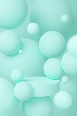 3d display product mint green scene with round podium platform and flying balls in different sizes. Pedestal for cosmetic product and packaging mockups display presentation