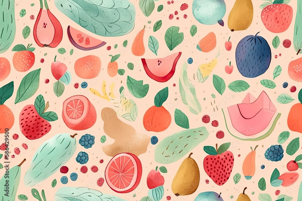 Poster vibrant fruit and leaf pattern on a soft pink background. Generative AI