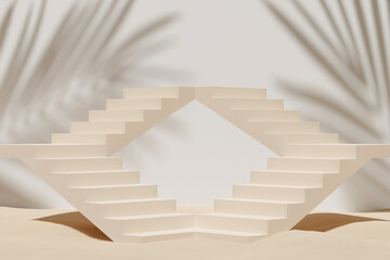 Beige stairway in sand on white wall background with palm leaf shadow. Minimal scene with podium and abstract background. 3d render, 3d illustration.