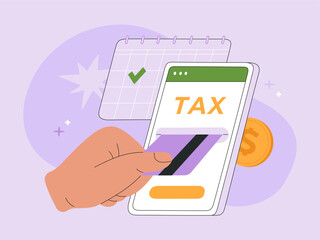 Online tax payment concept. Pay by credit card using phone. Calendar reminder for tax filing deadline. Hand drawn vector illustration, isolated on purple background, modern flat cartoon style