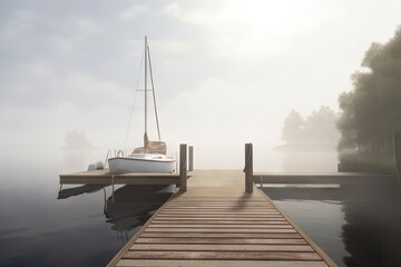Fototapeta na wymiar Sail Boat Docked on Calm Lake on Foggy Day, AI Generative