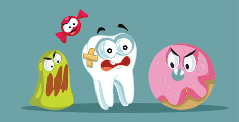 Tooth Scared of Candy and Sweets Vector Concept Illustration. Unhappy molar suffering from sugar excessive consumption 
