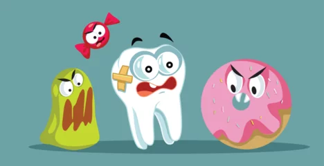 Fotobehang Tooth Scared of Candy and Sweets Vector Concept Illustration. Unhappy molar suffering from sugar excessive consumption   © nicoletaionescu