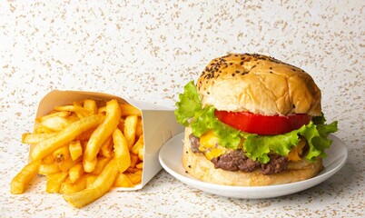 Front View of Hamburger with French Fries on a Light Background