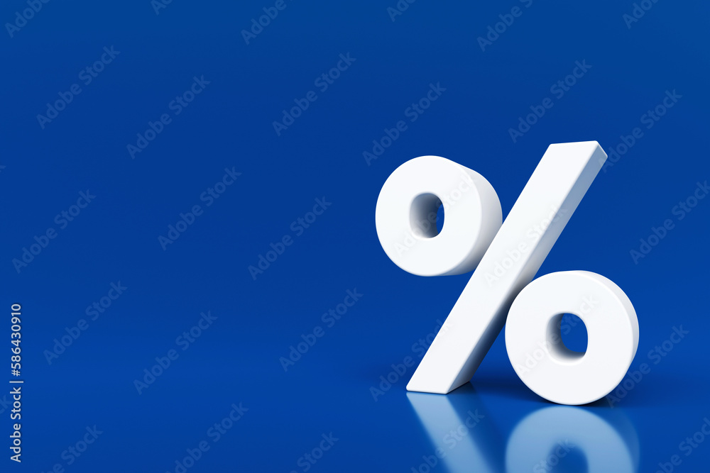 Fototapete white percentage mark symbol on blue background with blurred reflection on floor, 3d rendering