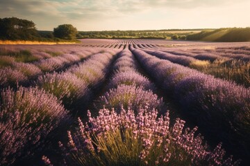 Obraz na płótnie Canvas breathtaking lavender field with sun rays piercing through the clouds. Generative AI