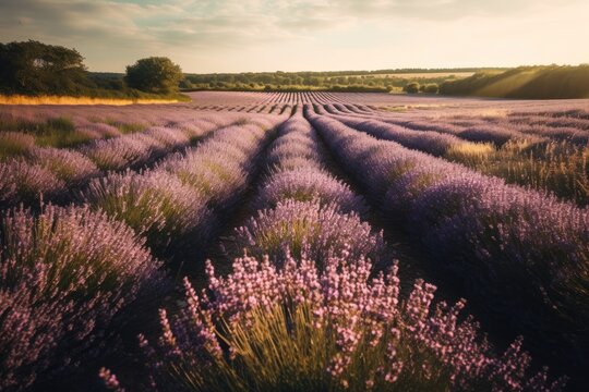 breathtaking lavender field with sun rays piercing through the clouds. Generative AI
