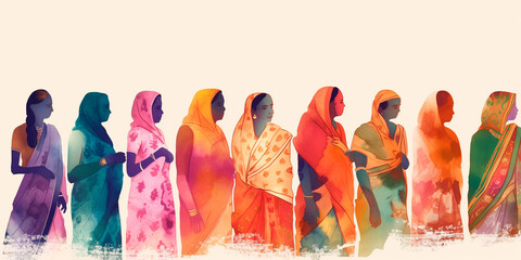 Group of Indian women with different clothing colors, colorful watercolor illustration AI generated