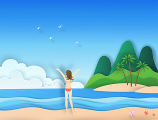 Obraz na płótnie Canvas Woman in pink bikini set walking on the beach with surfboard in her hand looking to the blue sea, coconut tree, island, clouds, bird and sky in summer day. seascape view in vector paper art concept.
