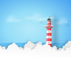 Red and white lighthouse with the blue sea, clouds and birds in vector paper art concept.
