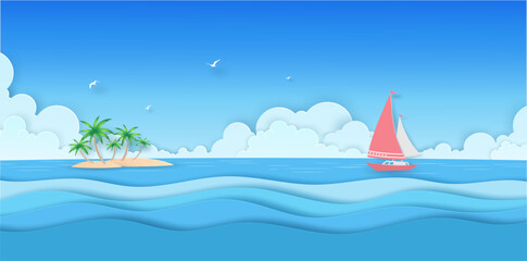 Fototapeta na wymiar Summer template in nature blue seascape view on the beach with pink boat, surfboard, swim ring, hat, slipper, starfish, sea wave, coconut trees, clouds, blue sky and birds. Vector paper art concept.