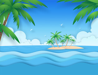 Fototapeta na wymiar Nature blue seascape view on the beach looking to the island in the ocean ,sea wave, coconut trees, clouds, blue sky and birds in summer day. Vector paper art concept.