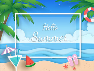 Summer template in nature blue seascape view on the beach with white frame, cocktail, swim ring, watermelon, sea wave, coconut trees, clouds, blue sky and birds. Vector paper art concept.