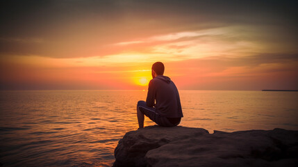 Fototapeta premium silhouette of a person sitting on a rock at sunset