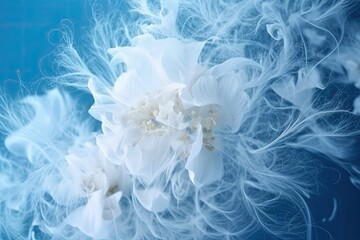 white flower in macro view on a vibrant blue background. Generative AI