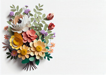 Colorful bouquet of paper flowers on a light background.  Generative AI technology.