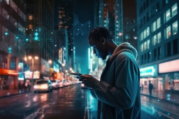 Phone and man trading with cryptocurrency or hacking online with 5g network in night city with urban buildings. Gen z African trader with smartphone for data analytics app overlay, Generative AI - obrazy, fototapety, plakaty