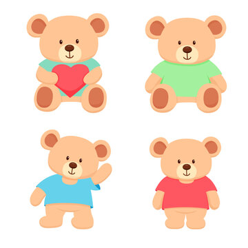 Baby Bears set. Cute bear toy with heart. Hand drawn flat illustrations isolated on white.