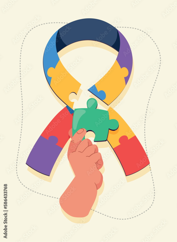 Wall mural hand with autism day ribbon