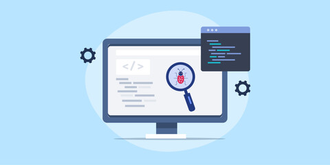 Computer screen with coding programming software testing and bug fixing concept, vector web banner. - obrazy, fototapety, plakaty