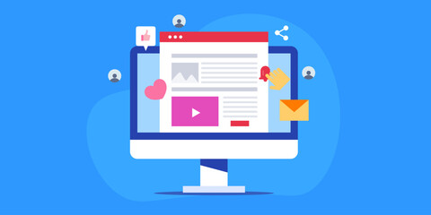 Content strategy blogging and web content displaying on computer screen, social media and email subscription, digital marketing concept, vector illustration.