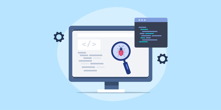 Computer screen with coding programming software testing and bug fixing concept, vector web banner.